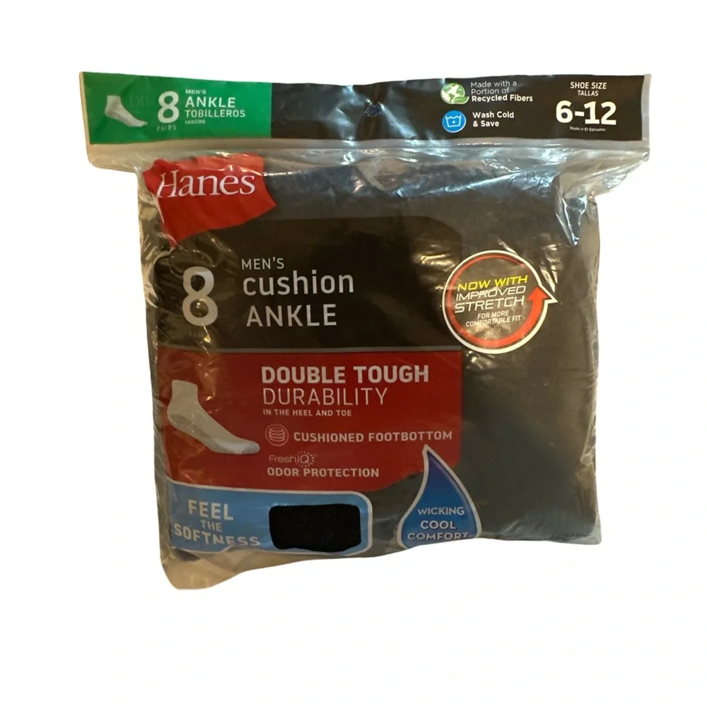 Hanes Men’s Cushion Ankle Socks 8-Pack Black Size 6–12 | Double Tough Durability